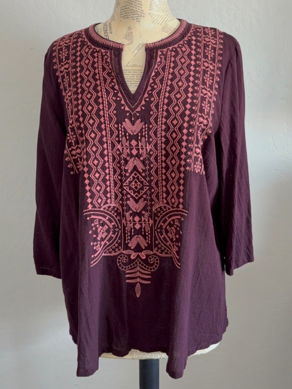 PURE JILL J JILL Embroidered 3/4 Sleeve Top Blouse L